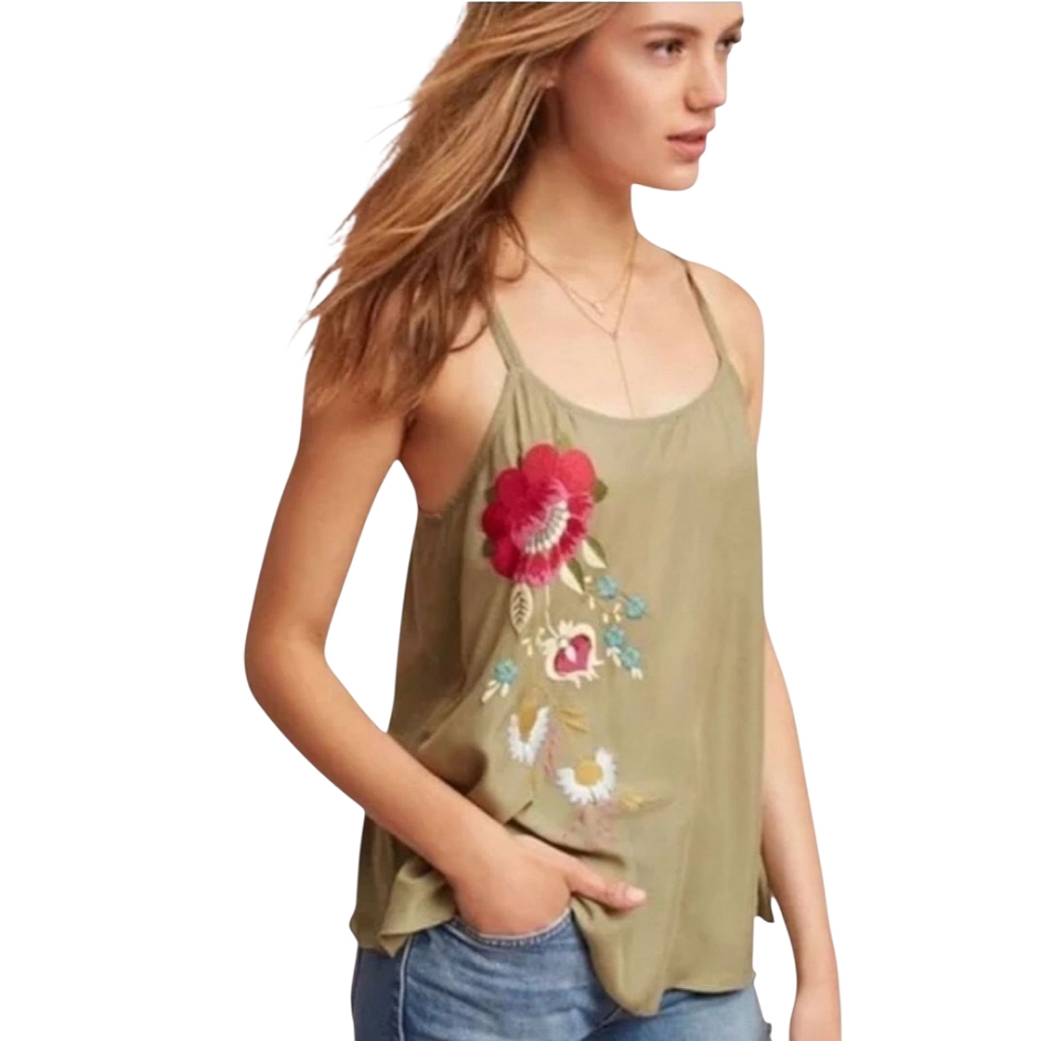 Anthropologie Akemi + Kin Floral Embroidered Green Double Strap Tank Top